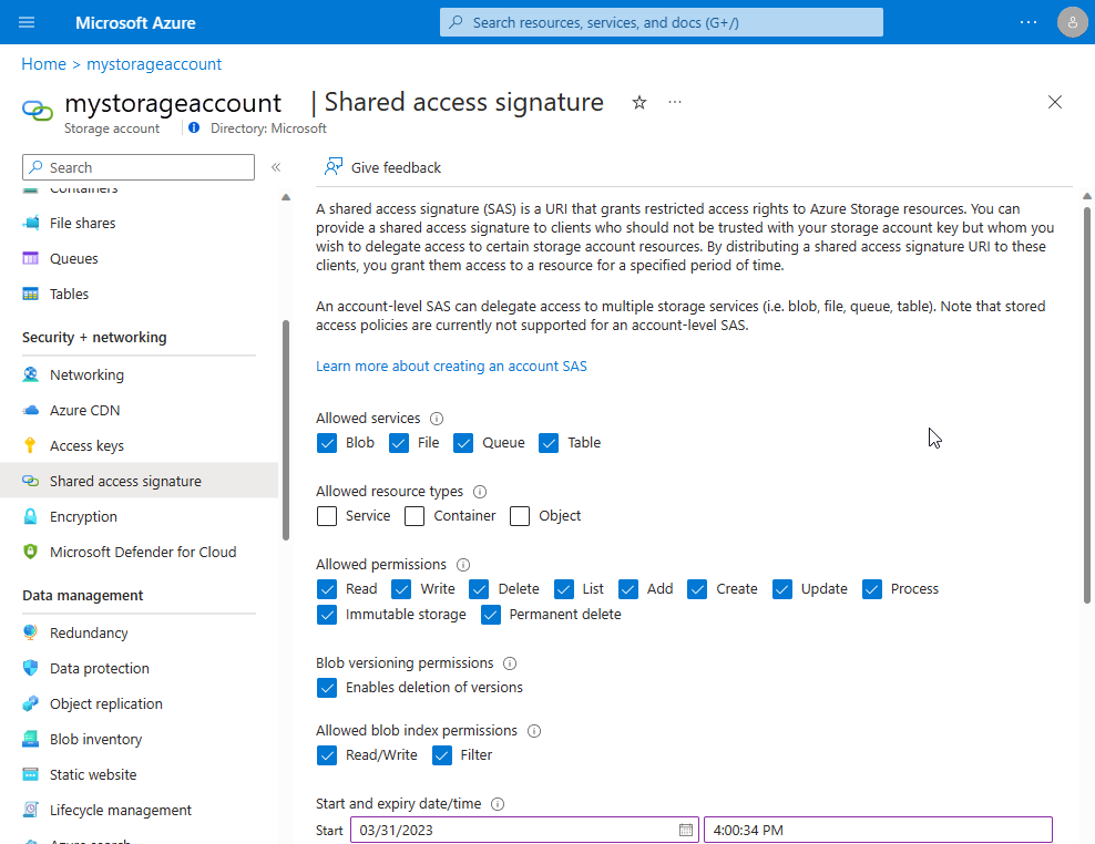 [Shared Access Signature] ページを示すスクリーンショット。このページに [SAS と接続文字列を生成する] があります。