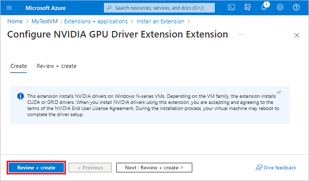 Azure portal のスクリーンショット。選択した仮想マシンで NVIDIA GPU ドライバー拡張機能を作成する方法が示されています。