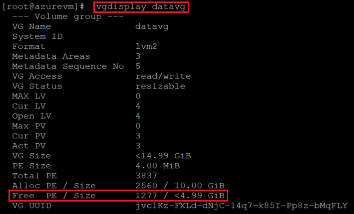 VG 上の領域を確認する vgdisplay コードを示すスクリーンショット。コマンドと結果が強調表示されています。