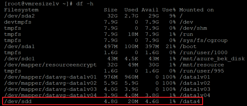 ファイル システムがマウントされていることを確認するコードを示すスクリーンショット。結果が強調表示されています。