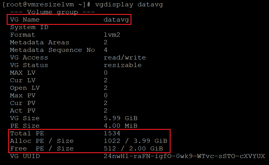 ボリューム グループに関する情報を確認するコードを示すスクリーンショット。結果が強調表示されています。