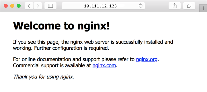 ブラウザーでの NGINX の既定サイトを示すスクリーンショット