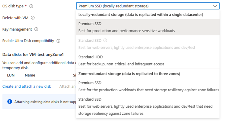 Azure で選択したゾーンでサポートされているディスクのスクリーンショット。