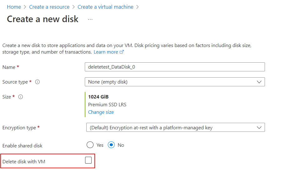 VM が削除されたときにデータ ディスクを削除するかどうかを選択するためのチェック ボックスを示すスクリーンショット。