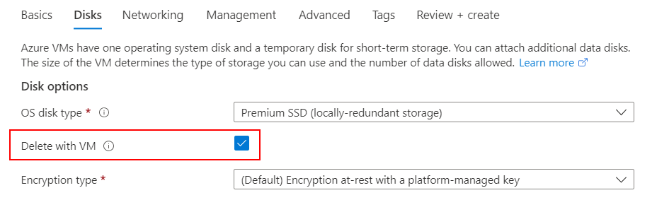 VM が削除されたときにディスクを削除するかどうかを選択するためのチェック ボックスのスクリーンショット。