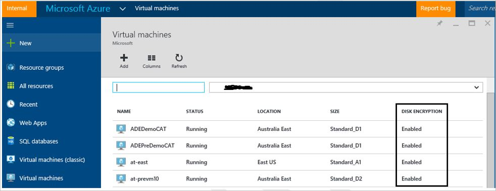 Azure portal - ディスク暗号化が有効になっている状態