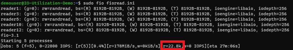 r = 22.8k が強調表示されている fio の出力のスクリーンショット。