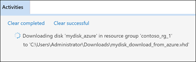 Azure Storage Explorer のスクリーンショット。ダウンロードの状態のメッセージを表示する [Activities]\(アクティビティ\) ペインの位置を強調表示している。