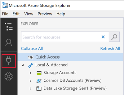 Azure Storage Explorer のスクリーンショット。[Connect]\(接続\) アイコンの位置が確認できる。