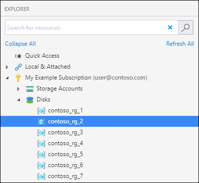 Azure Storage Explorer のスクリーンショット。[ディスク] で、ディスクの貼り付先のノードの位置が強調表示されています。