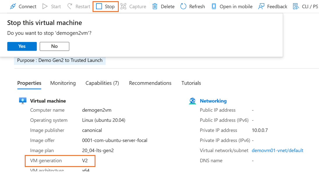 割り当てを解除する Gen2 VM を示すスクリーンショット。