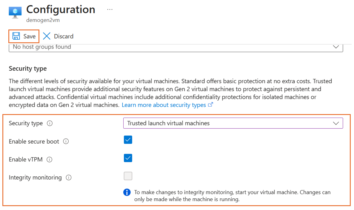 セキュア ブートと vTPM 設定を示すスクリーンショット。