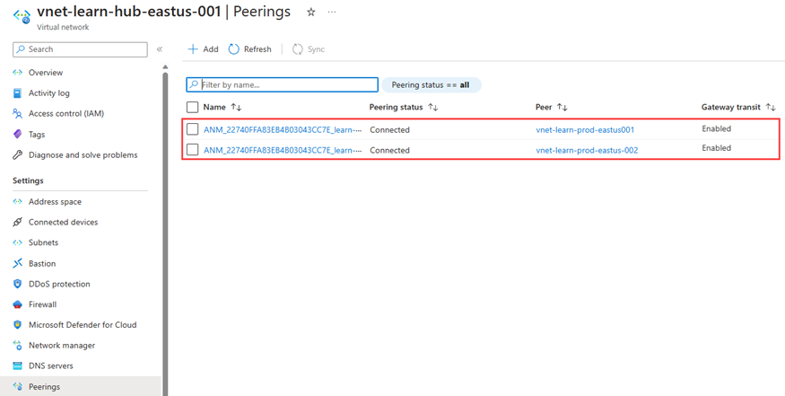 Virtual Network Manager によって作成された仮想ネットワーク ピアリングのスクリーンショット。