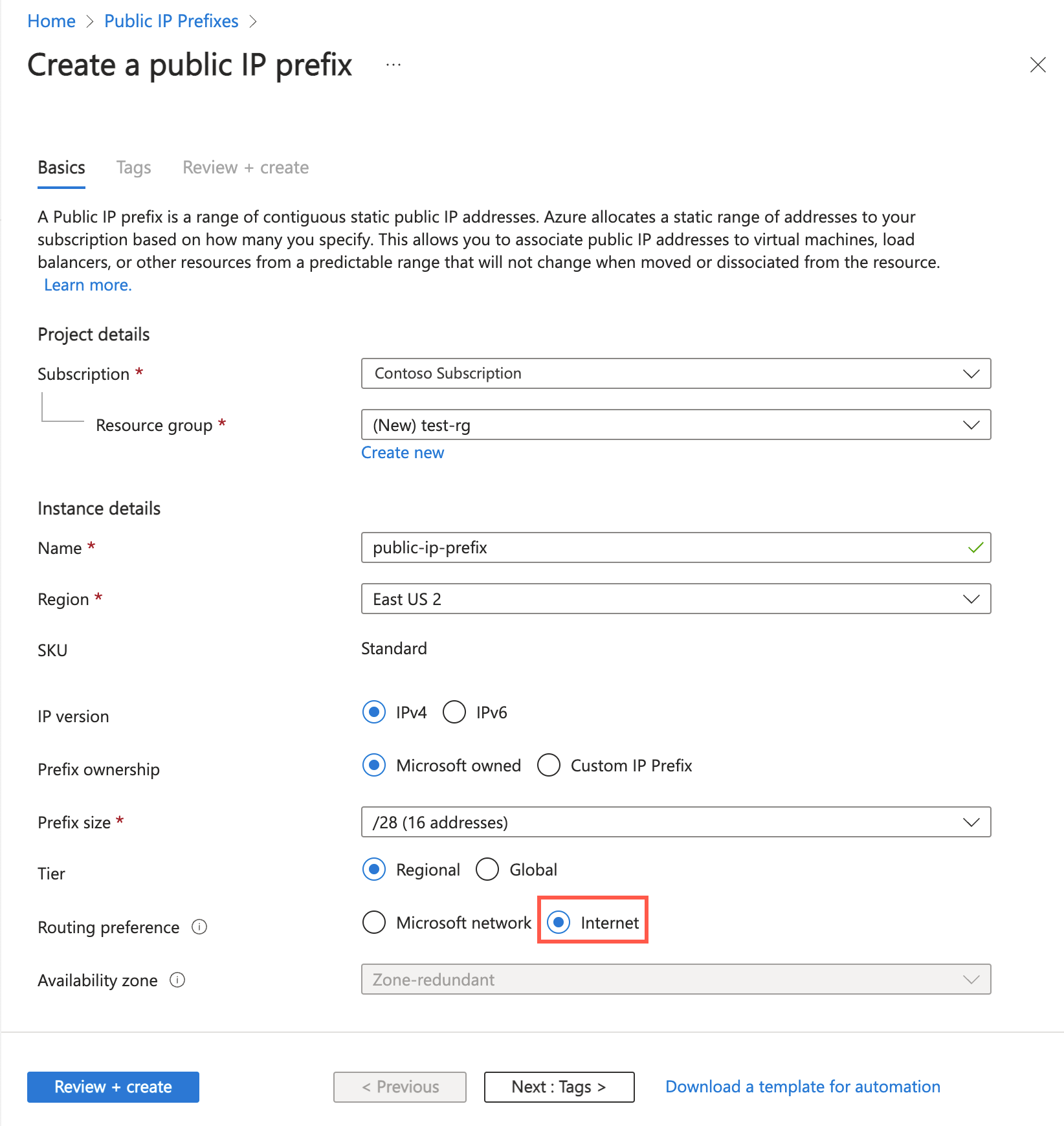 Azure portal でルーティングの優先順位のパブリック IP アドレス プレフィックスを作成する様子のスクリーンショット。