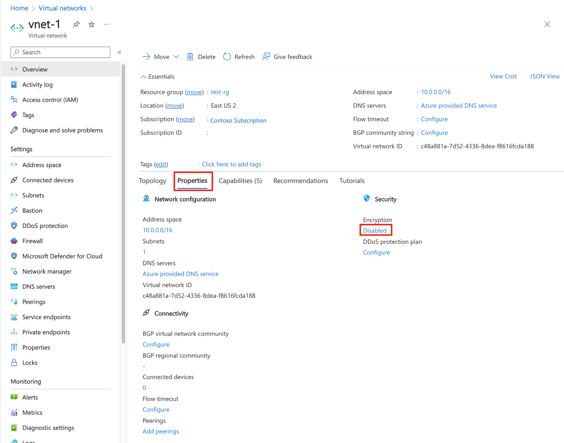 仮想ネットワークのプロパティを示すスクリーンショット。