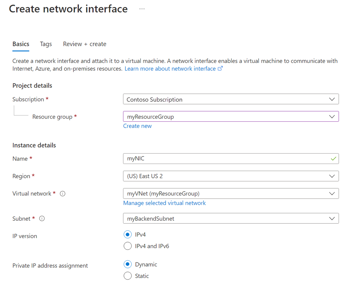 Azure portal の [ネットワーク インターフェイスの作成] 画面のスクリーンショット。