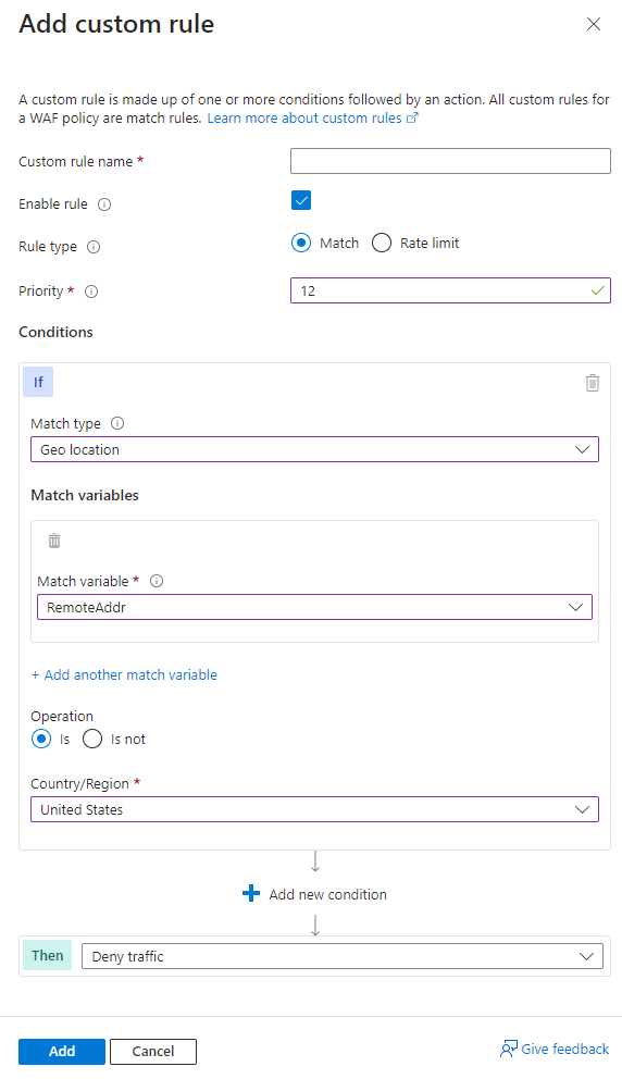 Application Gateway の [カスタム ルールの追加] 画面を示すスクリーンショット。