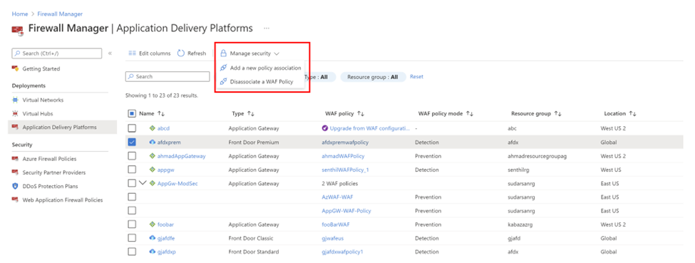 Firewall Manager のセキュリティの管理を示すスクリーンショット。