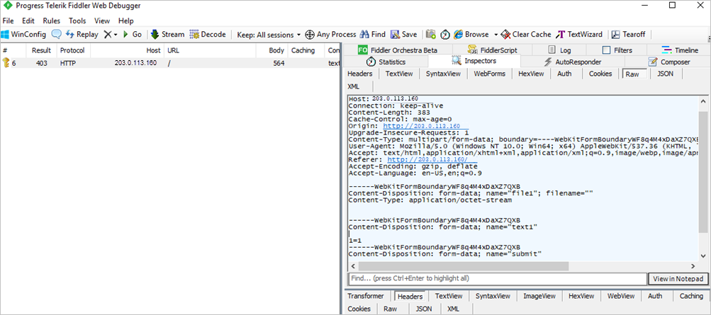 Progress Telerik Fiddler Web Debugger のスクリーンショット。[Raw] タブに、接続、コンテンツタイプ、ユーザーエージェントなどの要求ヘッダーの詳細が表示されています。