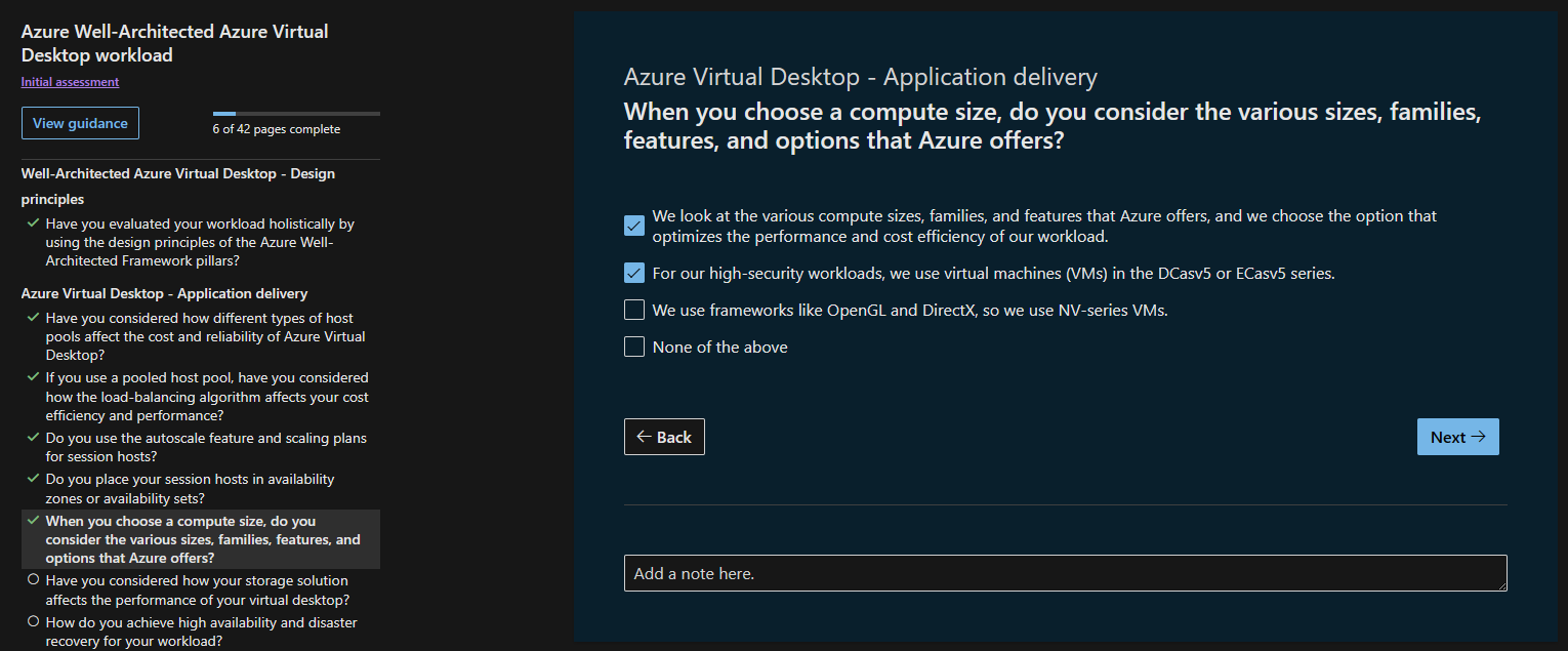 Azure Virtual Desktop 評価の質問のスクリーンショット。いくつかの回答が選択されています。左側には、評価の概要が表示されます。