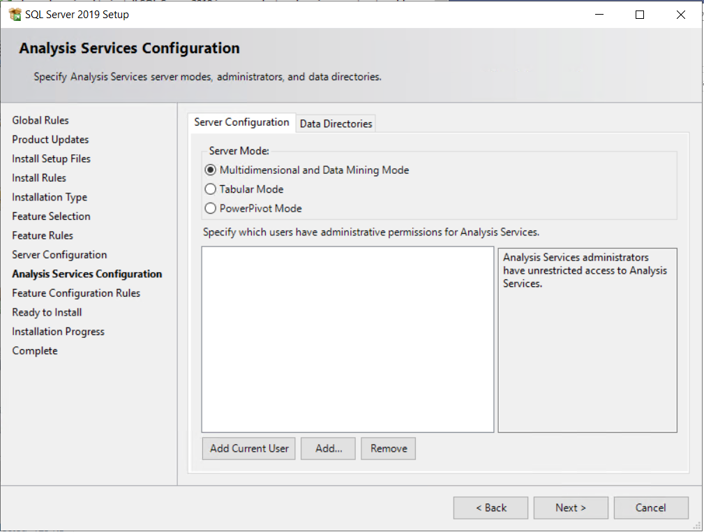 SQL Server のインストール時に Analysis Services を表形式モードから多次元モードに変更する