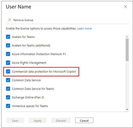 Microsoft Copilot ライセンス項目の商用データ保護を適用します。