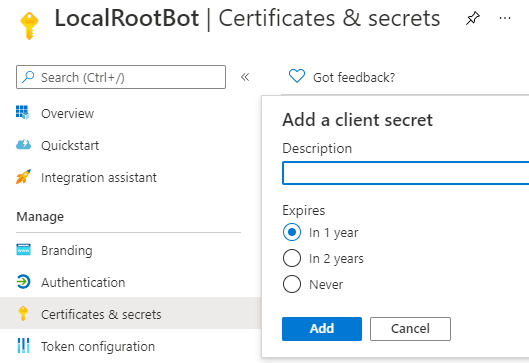 Create a new client secret from the Certificates & secrets pane.