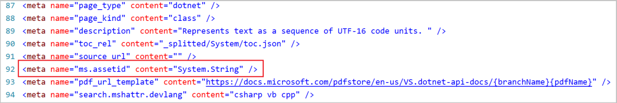 Web ページのソース内の ms.assetid