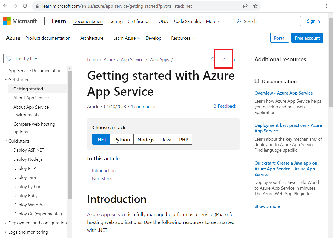 **編集** 鉛筆アイコンを示す Azure ドキュメント記事のスクリーンショット。