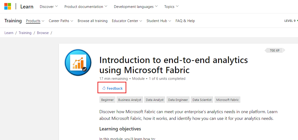 トレーニング モジュールの上部にあるフィードバック リンクのスクリーンショット。