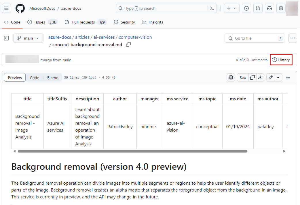 Web 版 GitHub の履歴ボタンのスクリーンショット。