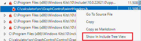 [インクルード ファイル] ビューでファイルを右クリックしたスクリーンショット。[インクルード ツリー ビューで表示] メニュー オプションが強調表示されています。