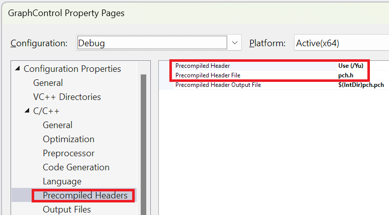 [プリコンパイル済みヘッダー] 設定が開いている [プロジェクトのプロパティ] ダイアログのスクリーンショット。