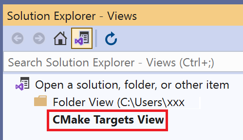 [ソリューション エクスプローラー - ビュー] ウィンドウのスクリーンショット。フォルダー ビューが開いています。[CMake ターゲット ビュー] オプションが強調されています。