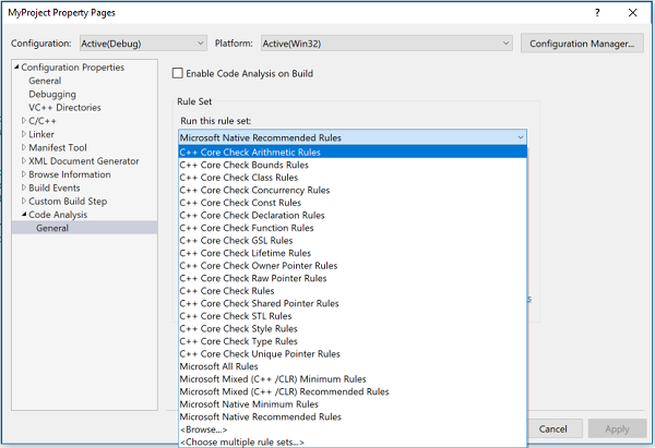 追加の C++ Core Check ルール セット用のドロップダウン。