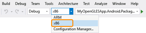 x86 が強調表示されている [ソリューション プラットフォーム] ドロップダウンのスクリーンショット。