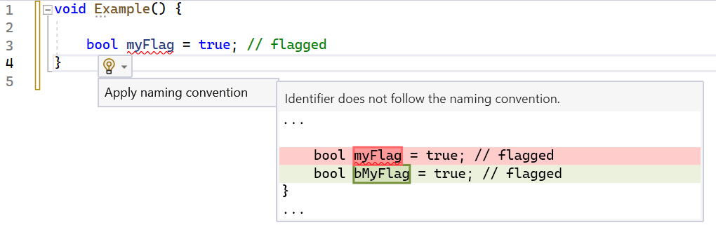 名前付け規則の適用を提案する IDE のスクリーンショット。