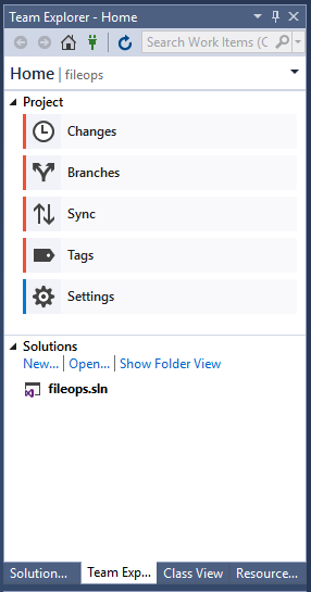 Visual Studio 2017 の [チーム エクスプローラー] ウィンドウのスクリーンショット。