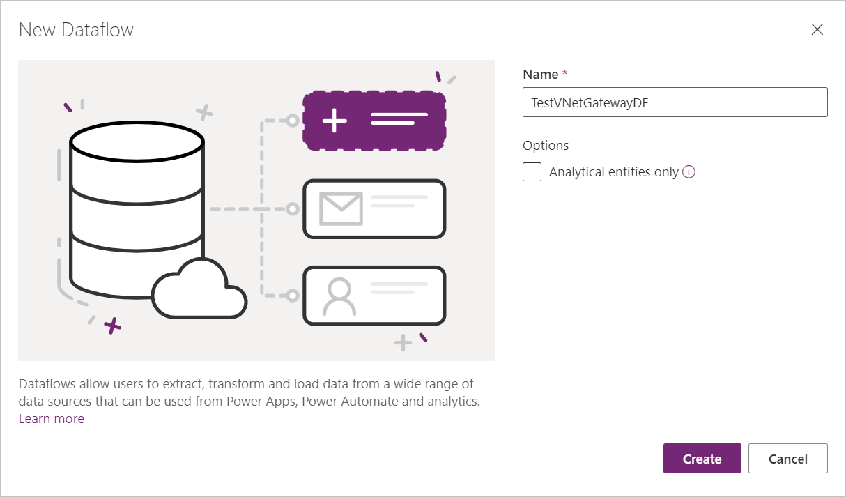 [名前] テキスト ボックスに新しいデータフローの名前が入力されている、Power Apps の [新しいデータフロー] ダイアログ ボックスを示すスクリーン ショット。