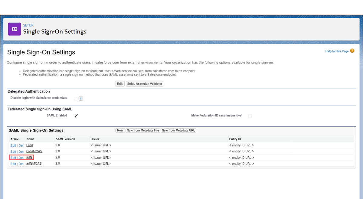 [Salesforce SSO 設定] を選択します。