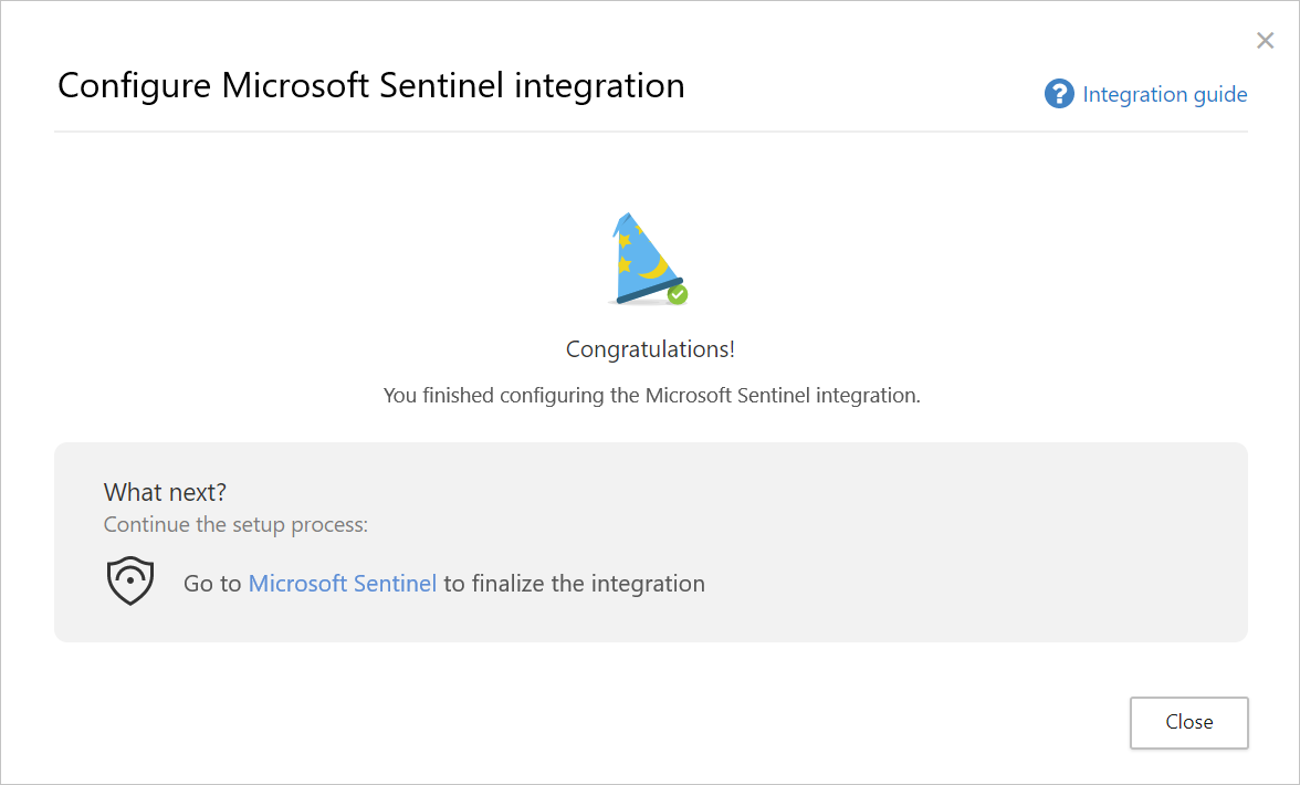 [Microsoft Sentinel統合の構成] の完了ページを示すスクリーンショット。