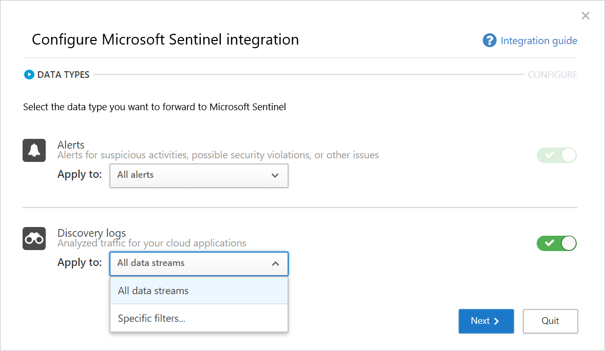 [Microsoft Sentinel統合の構成] の開始ページを示すスクリーンショット。