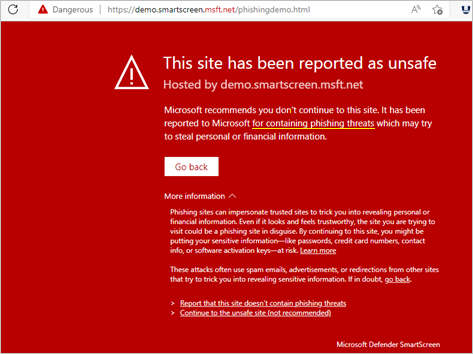 SmartScreen は、サイトにフィッシングの脅威が含まれていることが知られていると報告します