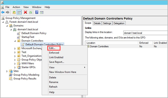 Screenshot of the pane for editing the default policy for domain controllers.