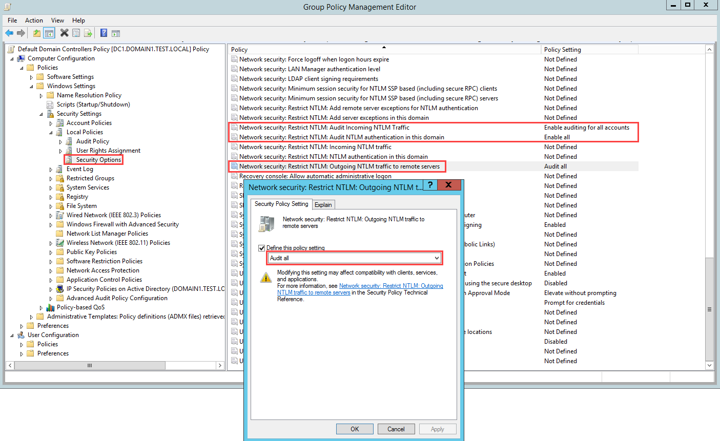 Screenshot of the audit configuration for outgoing NTLM traffic to remote servers.