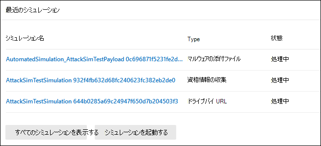 [最近のシミュレーション] は、Microsoft Defender ポータルの攻撃シミュレーション トレーニングの [概要] タブにカードされます。