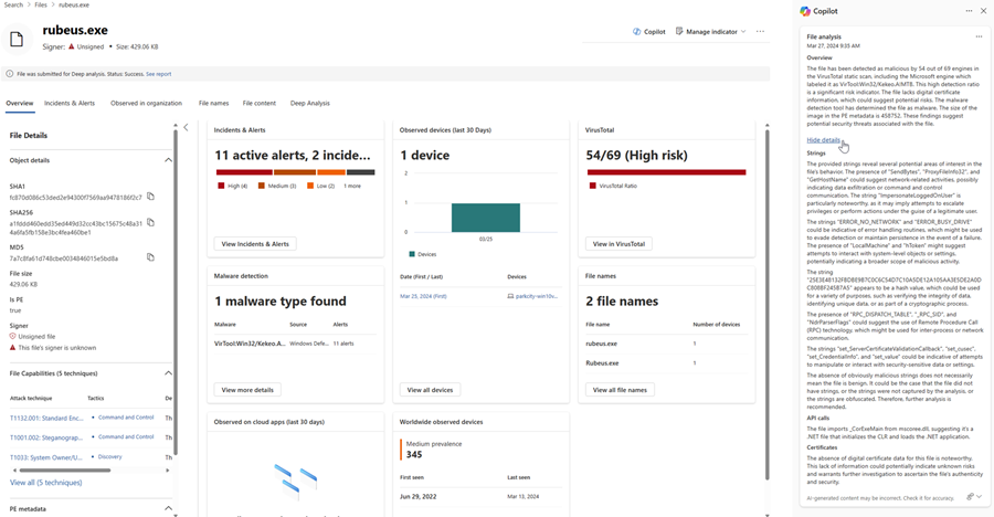 [詳細の非表示] オプションが強調表示された Defender の Copilot のファイル分析結果のスクリーンショット。