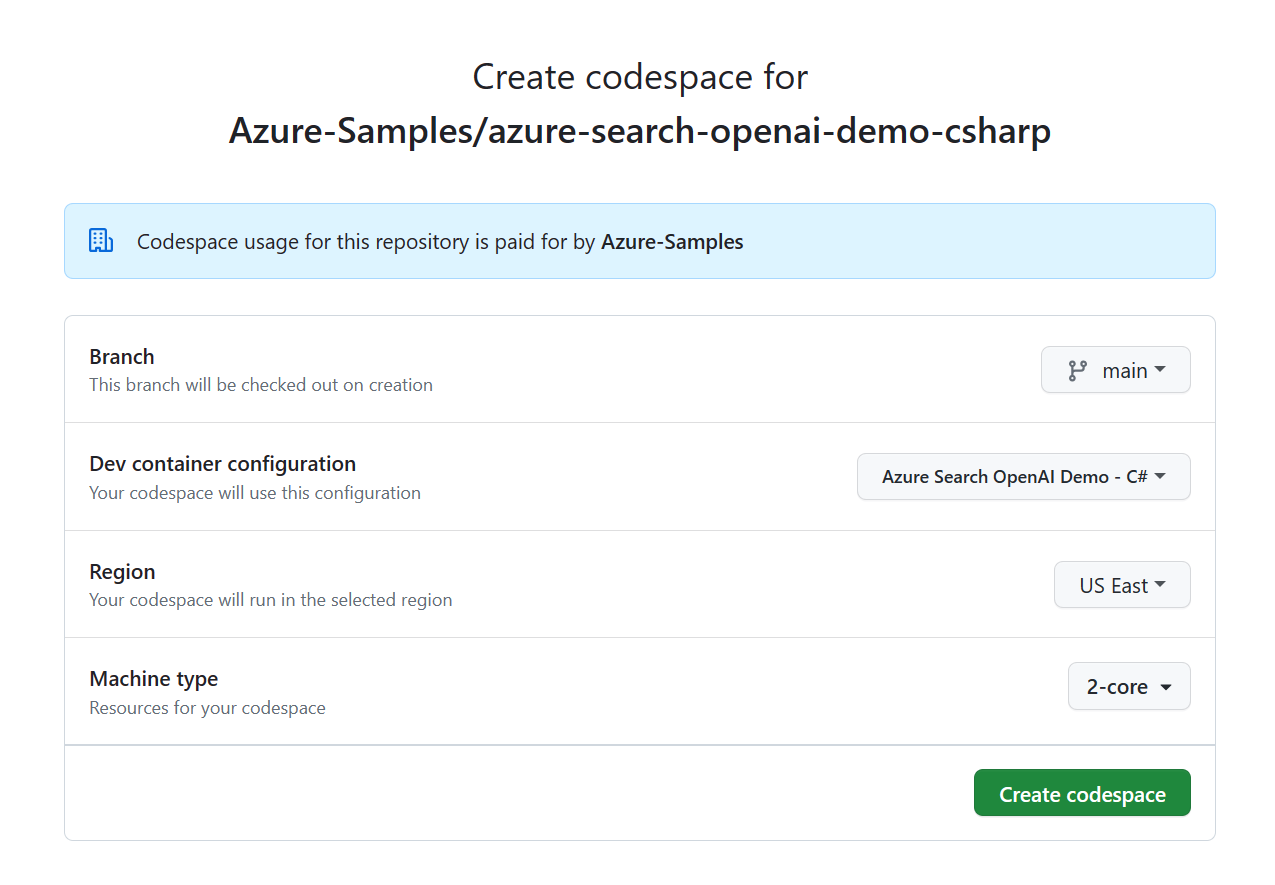 新しい codespace 作成前の構成画面のスクリーンショット。