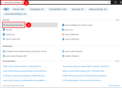 Azure portal の上部にある検索バーを使用して Microsoft Entra ID ページを検索し、移動する方法を示すスクリーンショット。