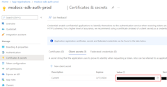生成されたクライアント シークレットを含むページを示すスクリーンショット。